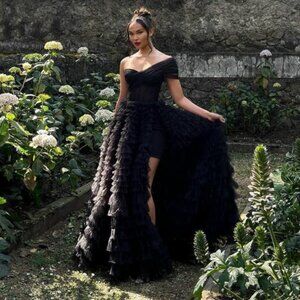 Black Off-Shoulder Ruffled High-Low Maxi Dress